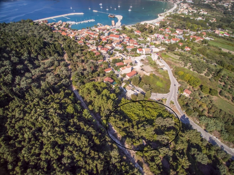 Aerial view of building plot near the harbour and beach of Vasiliki Lefkada