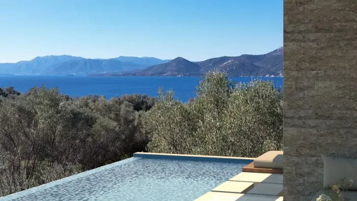 Balcony view from villa in Paleros Hills overlooking the Ionian Sea